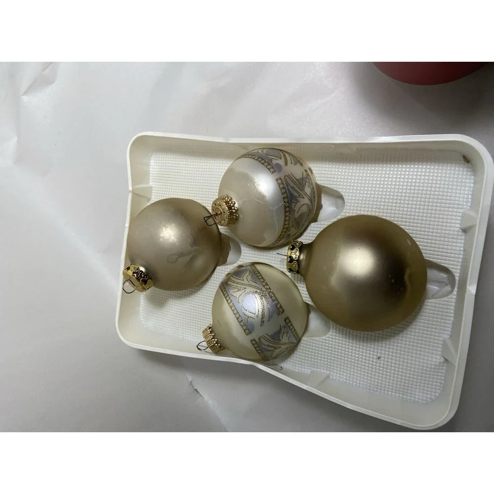 4 Vintage Gold  and Decorated Balls in Box 2.5 inch Not Perfect